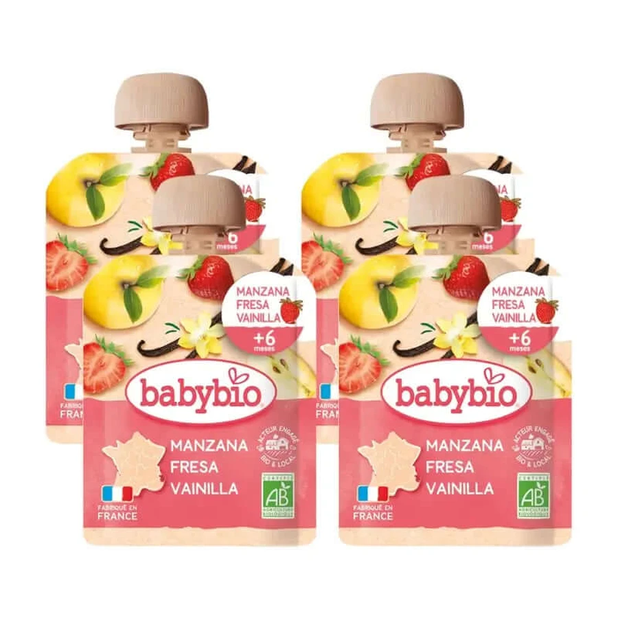 Babybio Zakje Appel Aardbei Vanille, verpakking 4 x 90 gram