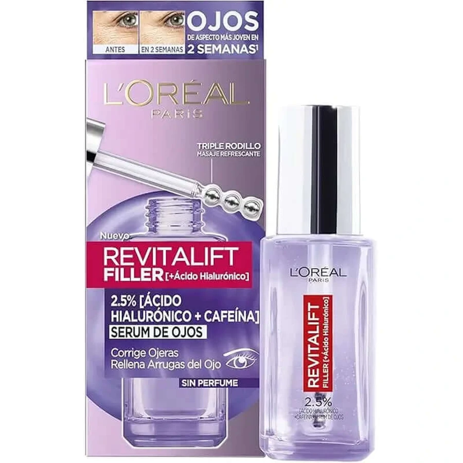 L'Oréal Paris Revitalift Filler Augenserum: 2,5% Hyaluronsäure & Koffein, Dreifach-Roll-On