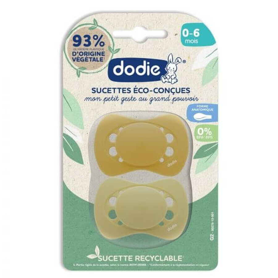 Lot de 2 sucettes éco design jaunes, 0-6 mois, Dodie