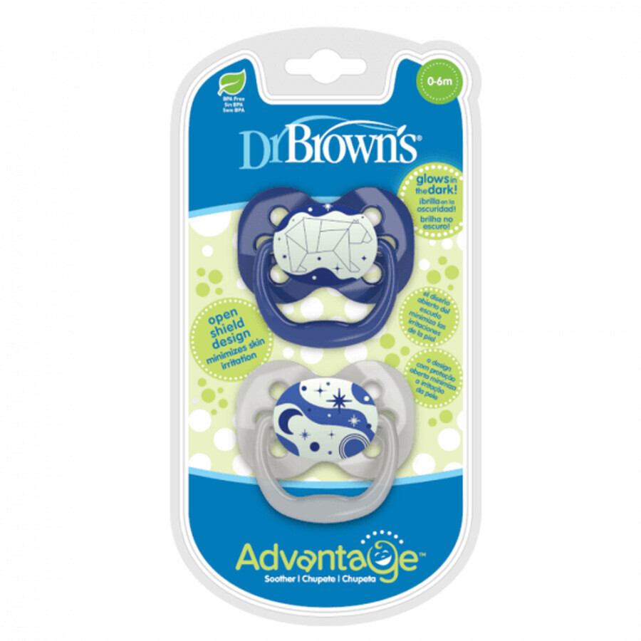 Lot de 2 sucettes en silicone Advantage Blue avec capuchon, 0-6 mois, Dr Brown`s