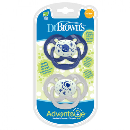 Set van 2 Advantage Blauwe Siliconen Fopspenen met Deksel, 6-18 maanden, Dr Brown`s