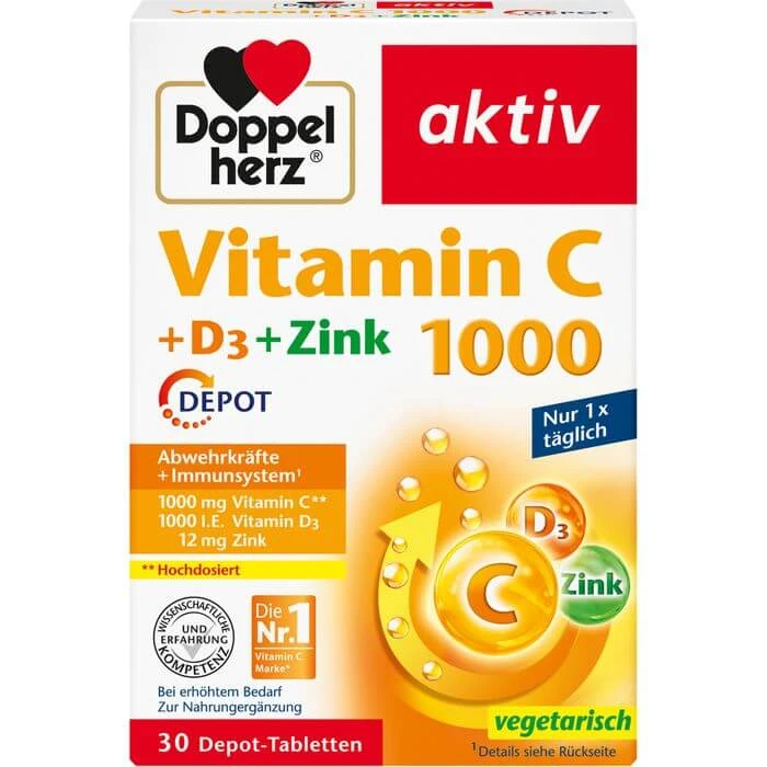 DOPPELHERZ Vitamine C 1000+D3+Zink Depot Tabletten 30 St.