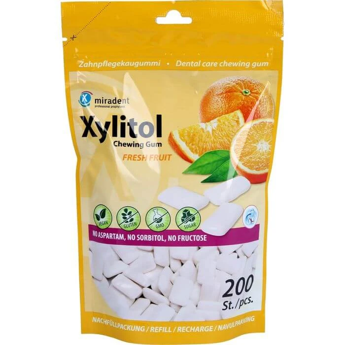 MIRADENT Xylitol Kauwgom vers fruit Navulling 200 stuks.