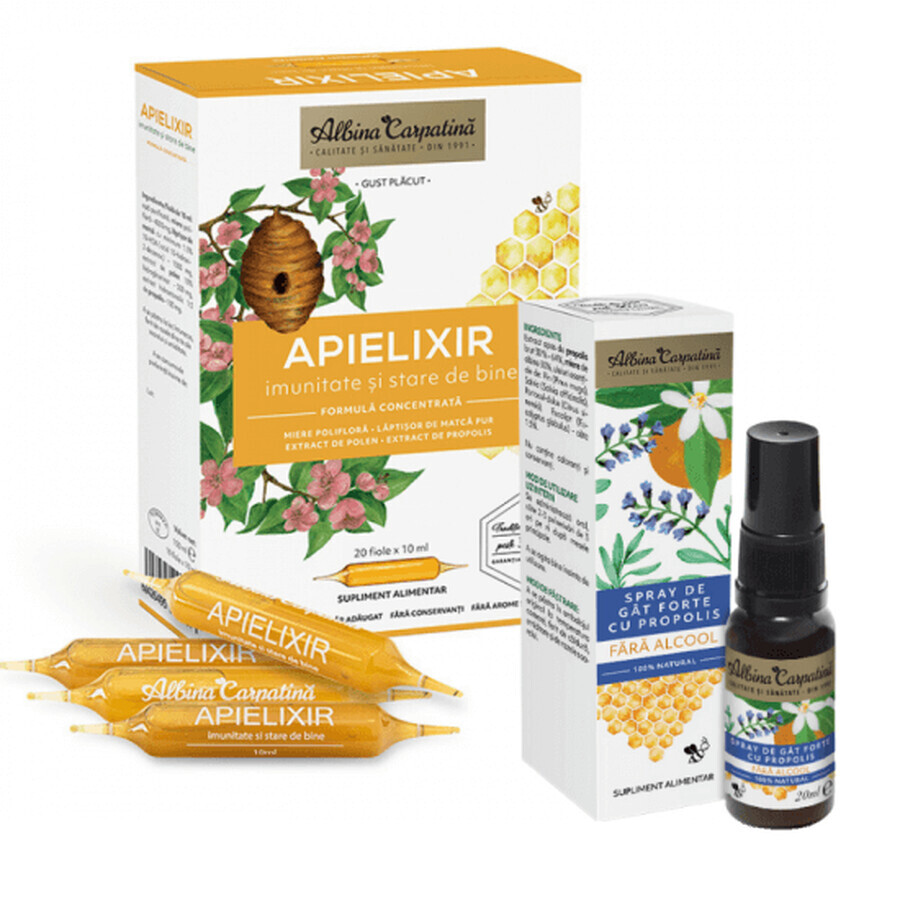 Apielixir immuniteits- en welzijnspakket, 20 flesjes x 10 ml + Sterke Propolis keelspray, 20 ml, Carpathian Bee