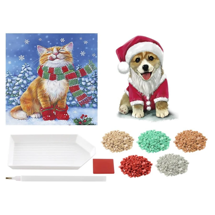 DIY creatieve set, kerstkaarten, poes en puppy