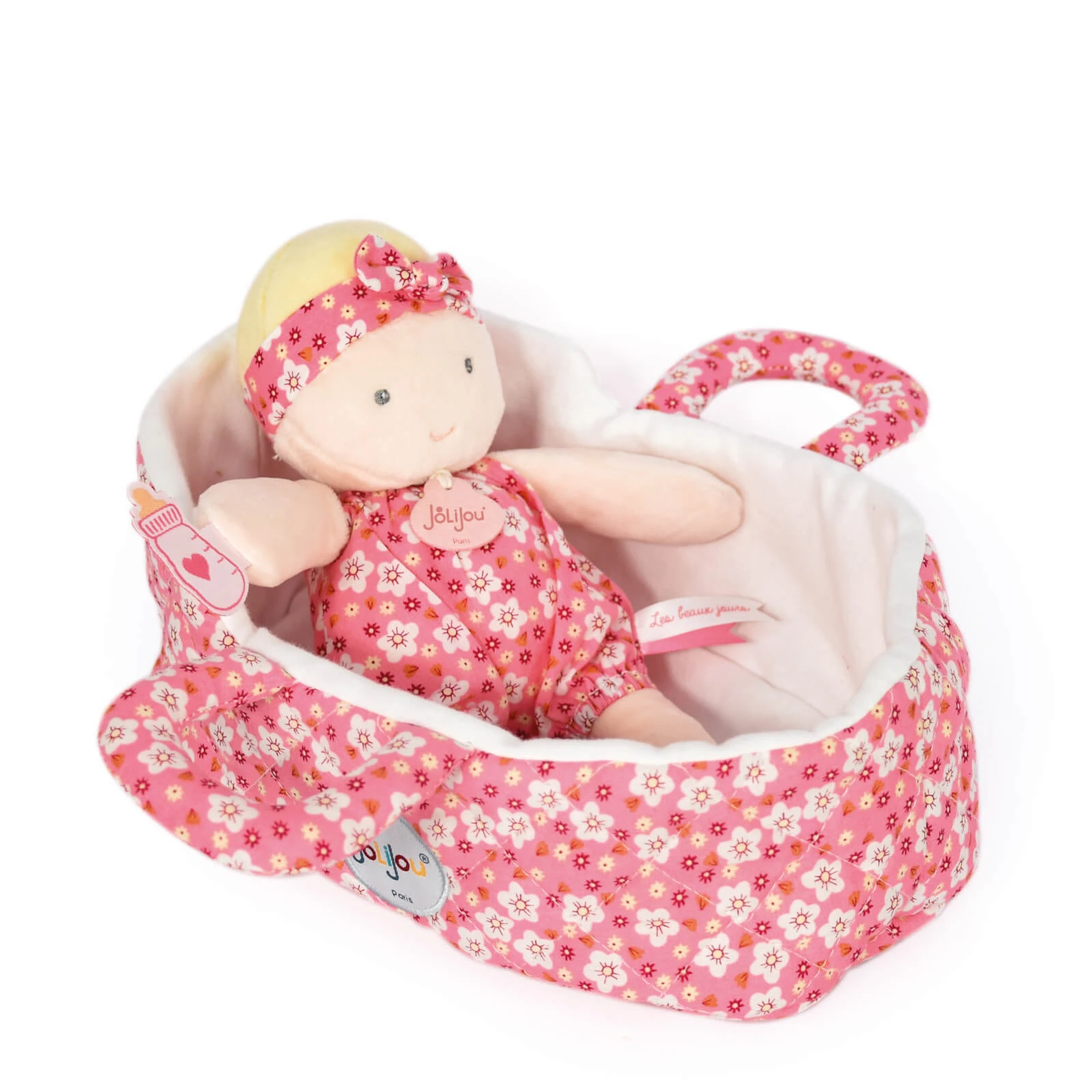 Pluche baby in gewatteerde mand - Marilou, 20 cm, roze