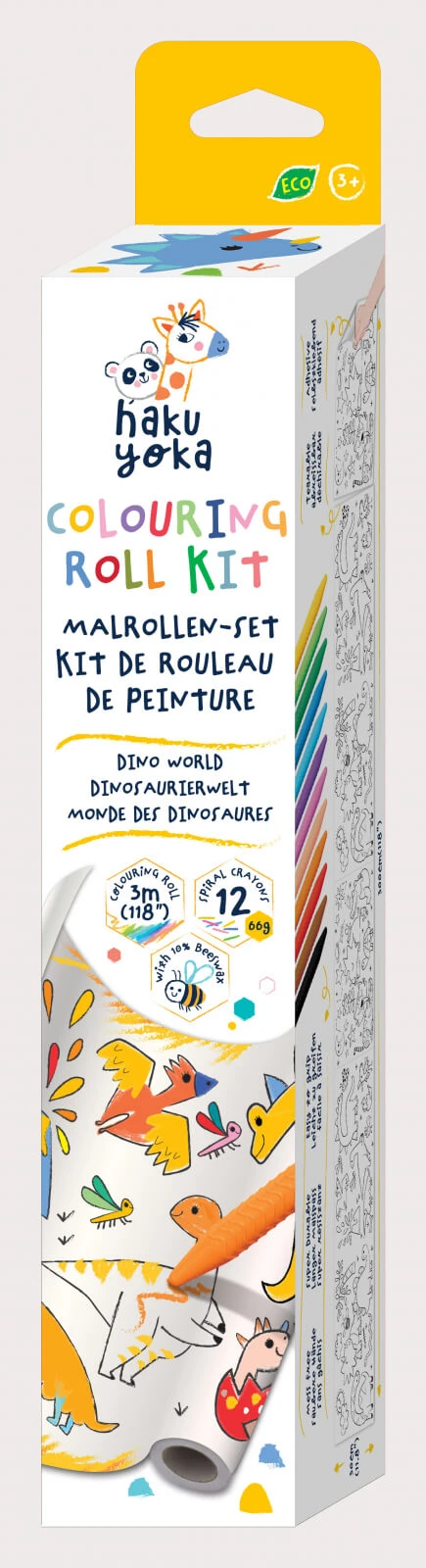 Tekenrollenset 3 m en 12 kleurpotloden, Haku Yoka - Dinosaurussen