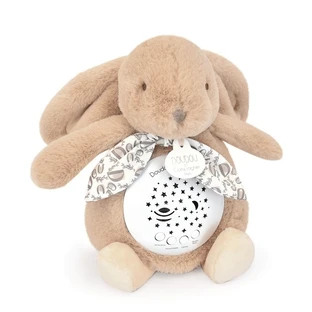 Muziekkaars met projectie, pluizig konijntje, 19 cm, licht beige