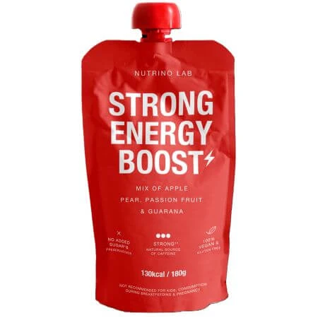 Gepasteuriseerde vruchtenpuree met appels, peren, passievruchten en guarana Strong Energy Boost, 180 g, Nutrino Lab