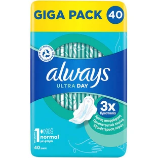 ALWAYS Ultra Normal Plus Serviettes hygiéniques avec ailettes Taille normale Pour une absorption immédiate et l'élimination des odeurs 40 pièces