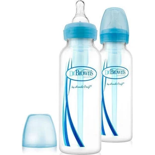 DR. BROWN`S Natural Flow Options, Blue Plastic Bottle with Narrow Neck & Silicone Nipple 2x250ml SB 82405