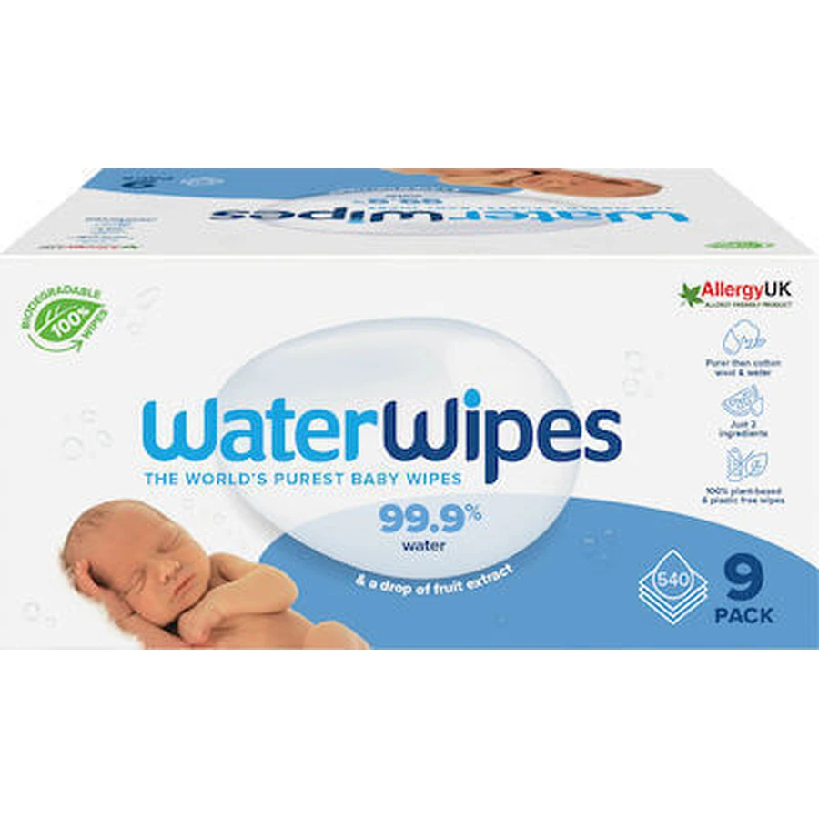 WATER Wipes Bio 100% biologisch afbreekbare geurloze doekjes met 99,9% water, 9x60 (540) Stuks