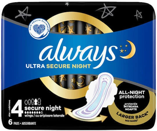 ALWAYS Ultra Secure Night 4 InstantDry High Absorbency Pads met Vleugels, 6 stuks