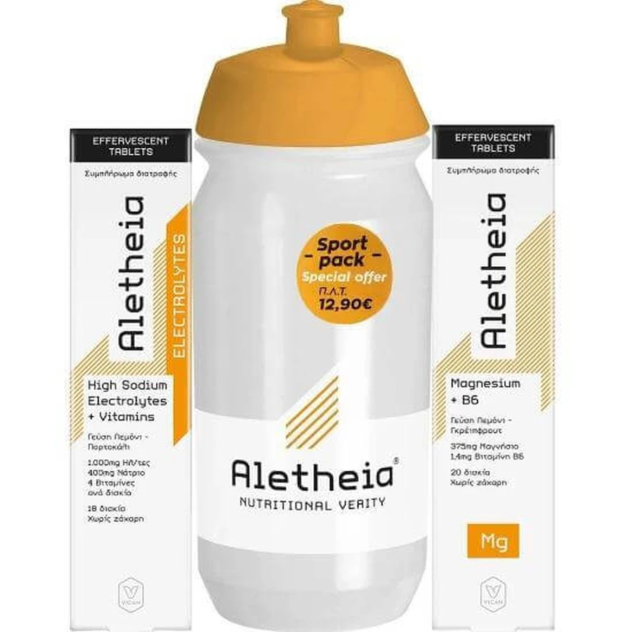 ALETHEIA Promo High Sodium Electrolytes + Vitamins 18 Effervescent Tablets & Magnesium + Vitamin B6 20 Effervescent Tablets & Gift Sport Bottle 500m