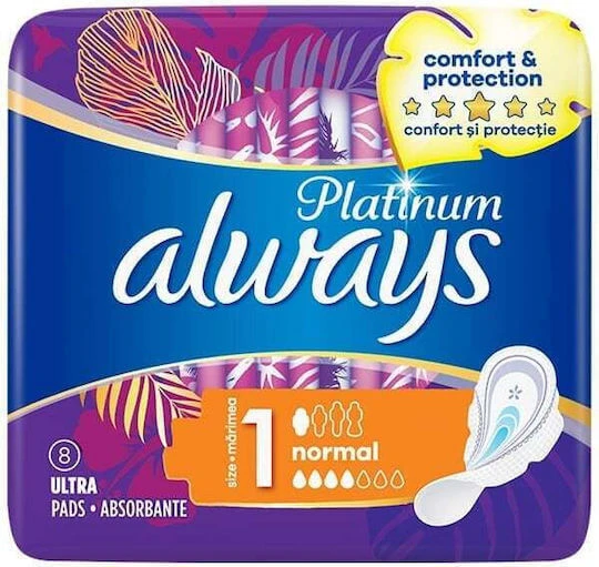 ALWAYS Platinum Comfort & Bescherming Ultra Normal Plus Pads met Vleugels voor Normale Vloei Maat 1, 8 stuks