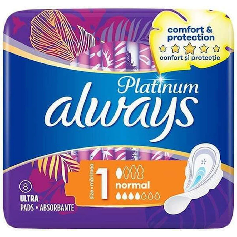 ALWAYS Comodidad y Protección Platinum Compresas Ultra Normal Plus con Alas para Flujo Normal Talla 1, 8 unidades