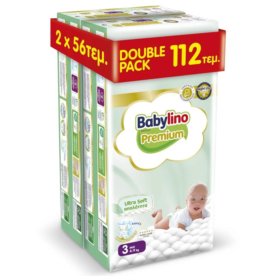 BABYLINO Premium Ultra Zacht Dubbelpak Zachtheid No3 [4-9Kg] 112 Luiers [2 Verpakkingen x 56 Stuks]