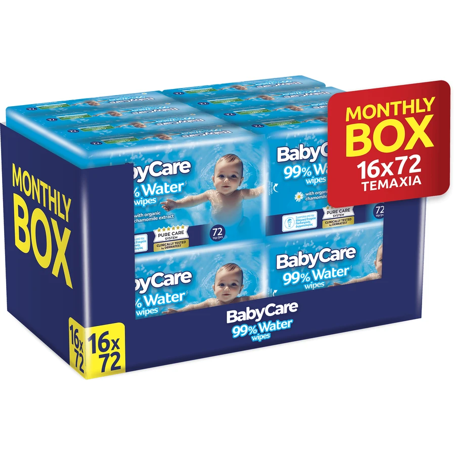 BABYCARE Babydoekjes 99% Water (16 Verpakkingen van 72 stuks) 1152 Stuks