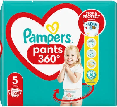 PAMPERS Broekjes 360° Baby Luiers-Bandje No5 (12kg-17kg) 28 Stuks