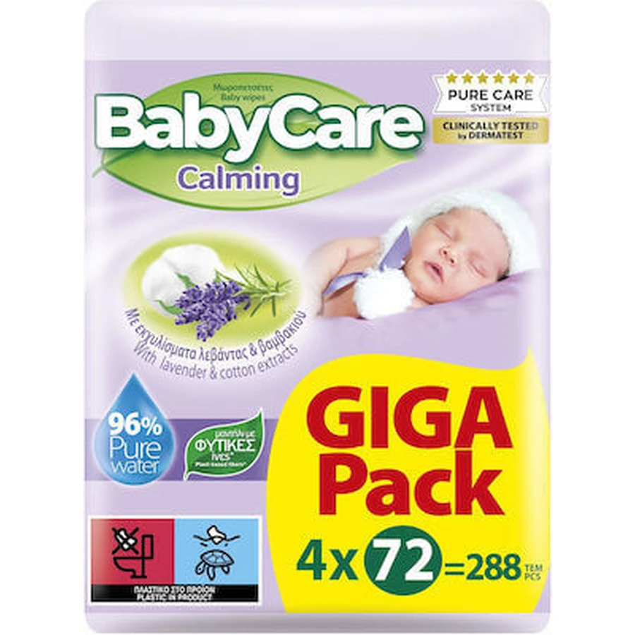 BABYCARE Kalmerende Babydoekjes met Lavendel & Katoenextract ( 4 Verpakkingen van 72 Stuks ) 288 Stuks