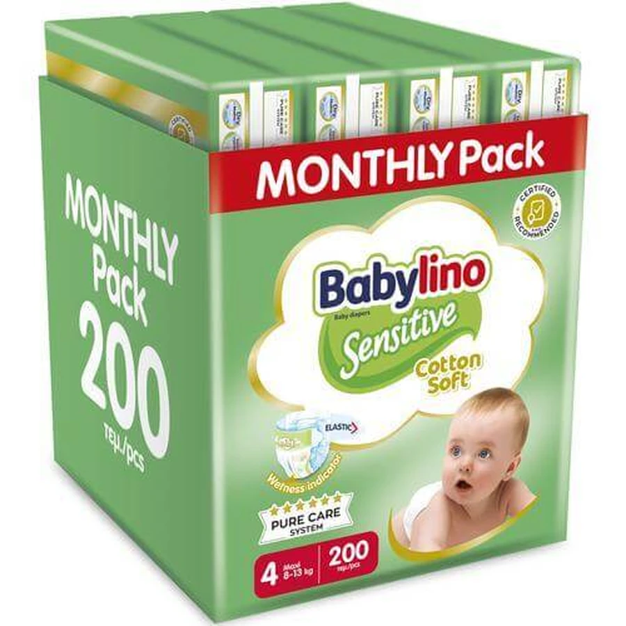 BABYLINO Luiers met kleefstof Sensitive Katoen Zacht Nr.4 Voor 8-13kg 200 stuks