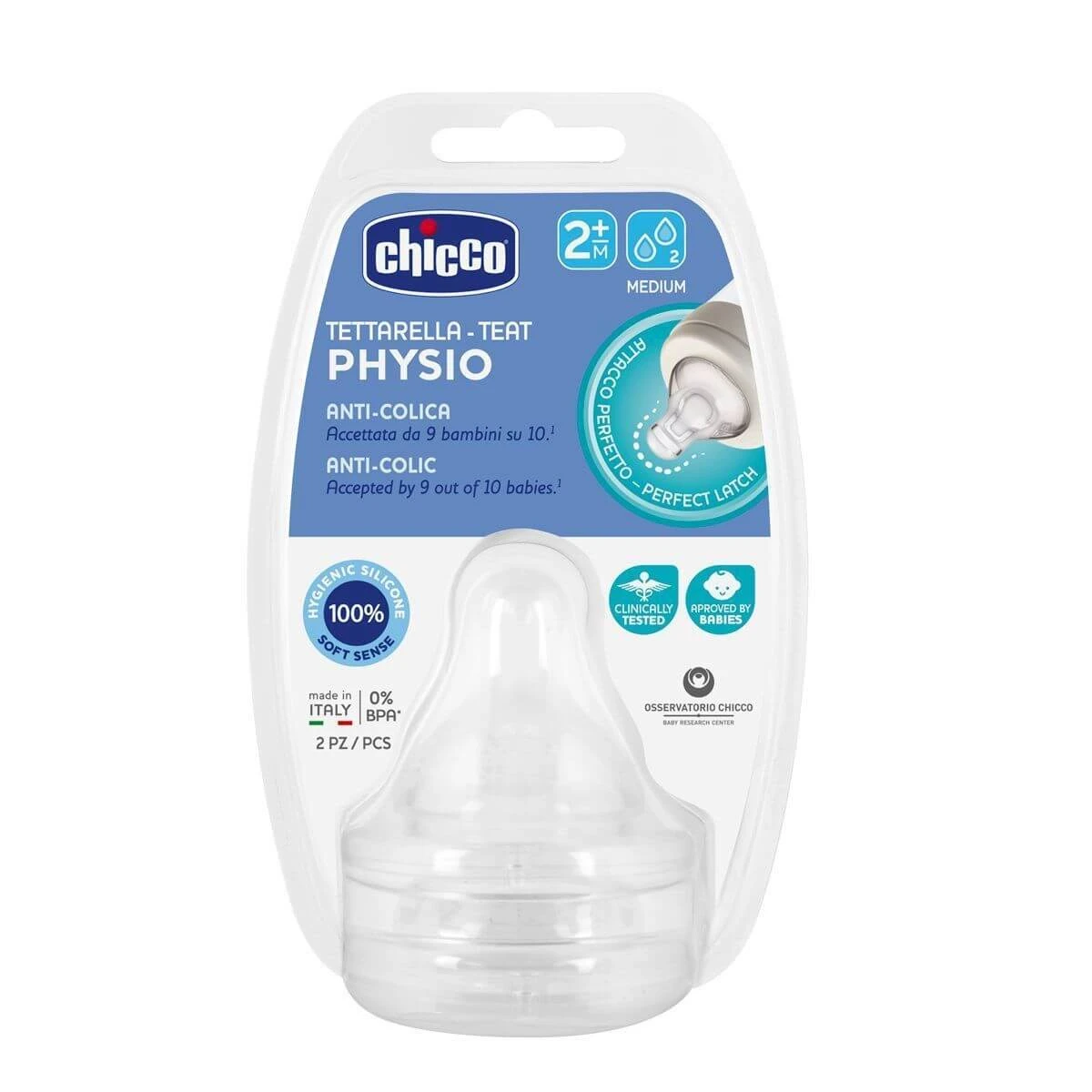 CHICCO Physio Anti-Colic Silicone Speen met Normale Stroming 2 Druppels Voor 2+ Maanden 2 Stuks