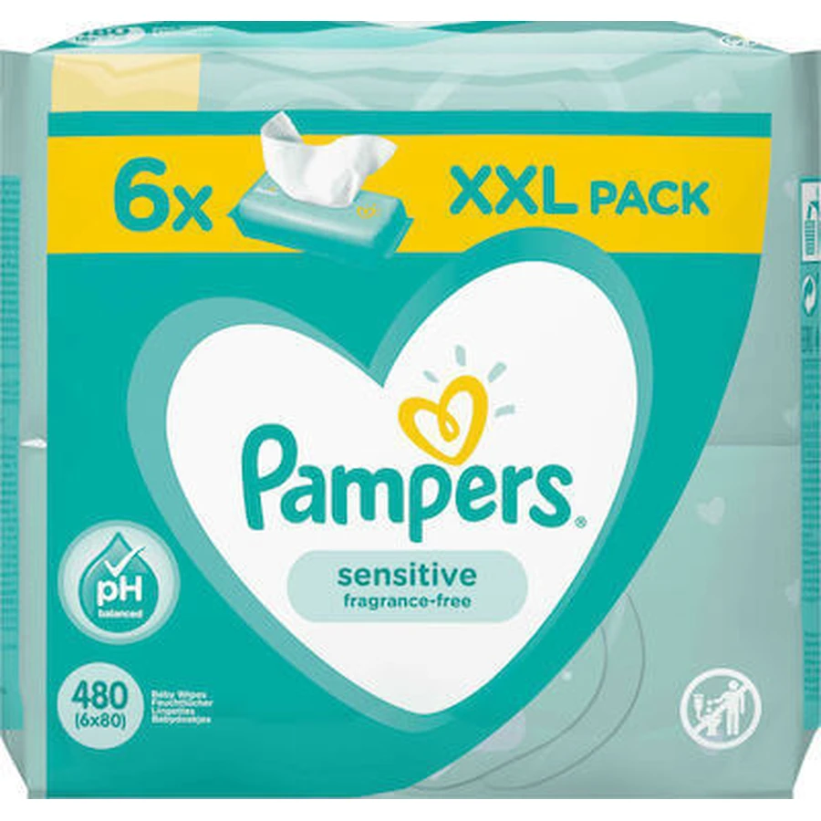 PAMPERS Sensitive Alcohol & Geurvrije Babydoekjes XXL Pak ( 6 Verpakkingen van 80 stuks ) 480 Stuks