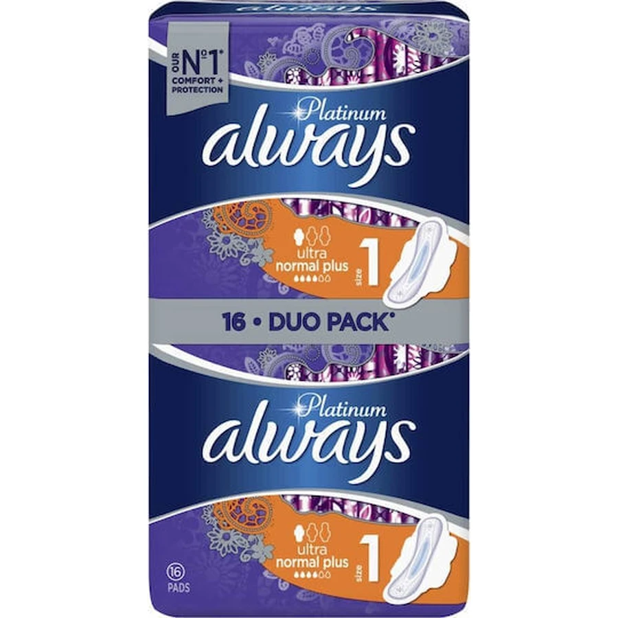 ALWAYS Platinum Comfort & Bescherming Ultra Normal Plus Pads met Vleugels voor Normale Vloei Maat 1, 16 stuks