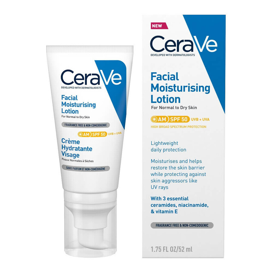 Crema hidratanta pentru ten normal-uscat cu SPF 50, 52 ml, CeraVe