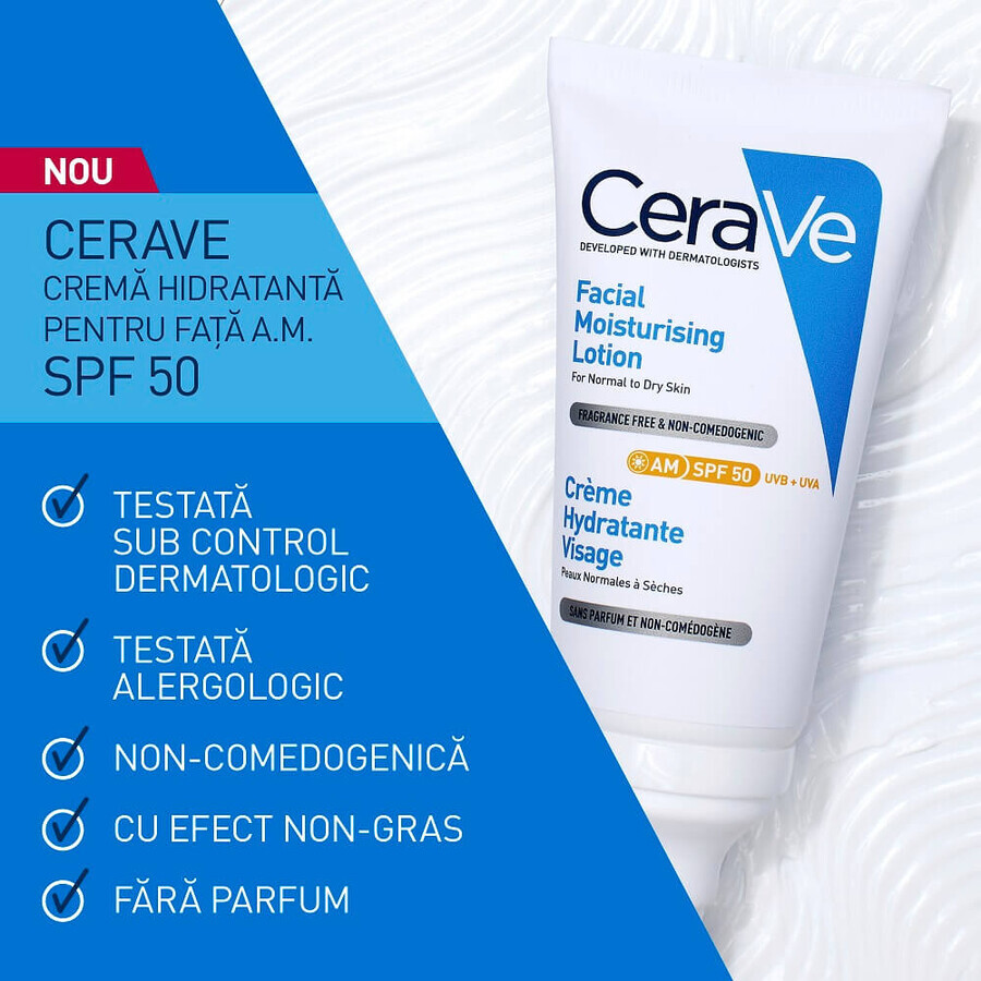 Crema hidratanta pentru ten normal-uscat cu SPF 50, 52 ml, CeraVe