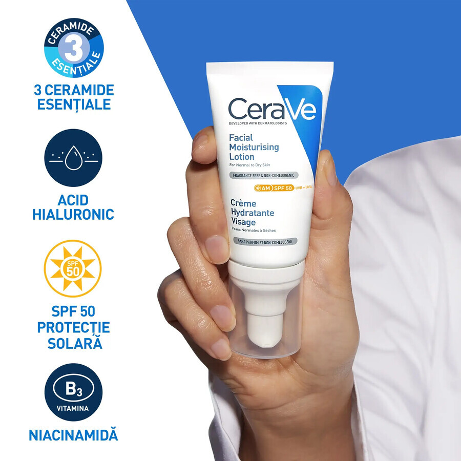 Crema hidratanta pentru ten normal-uscat cu SPF 50, 52 ml, CeraVe