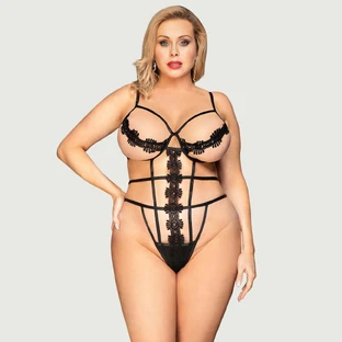 Plus Size Delicate Bloemen Kanten Holle Teddy Met Beugel - Zwart - Large/X-Large