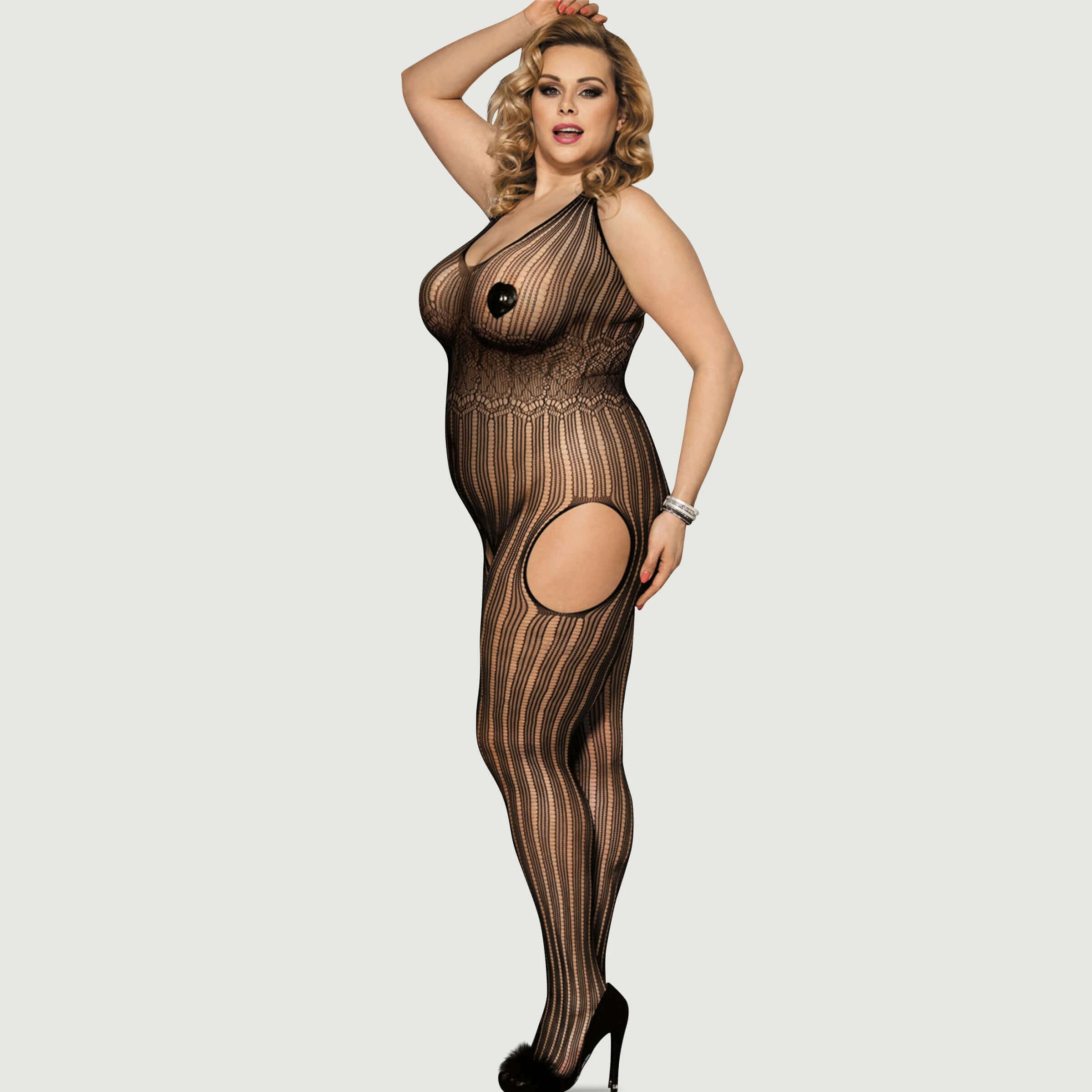 Plus Size Mystery Pattern Net Bodystocking - Zwart - Large/X-Large