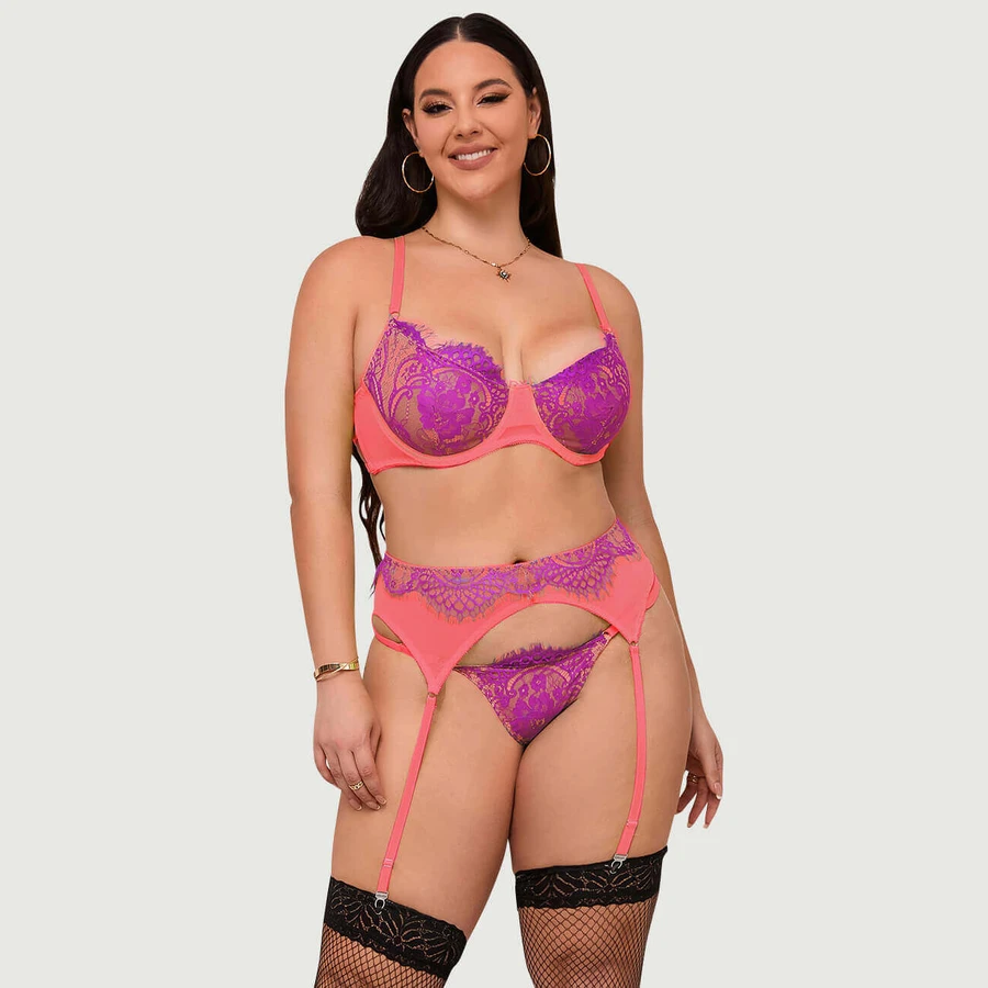 Plus Size Rose Spliced Eyelash Lace Bra Set - Pink - Large/X-Large