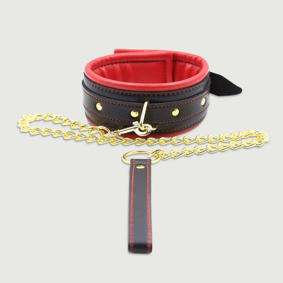 Collier en cuir rembourré avec chaîne en or - noir/rouge