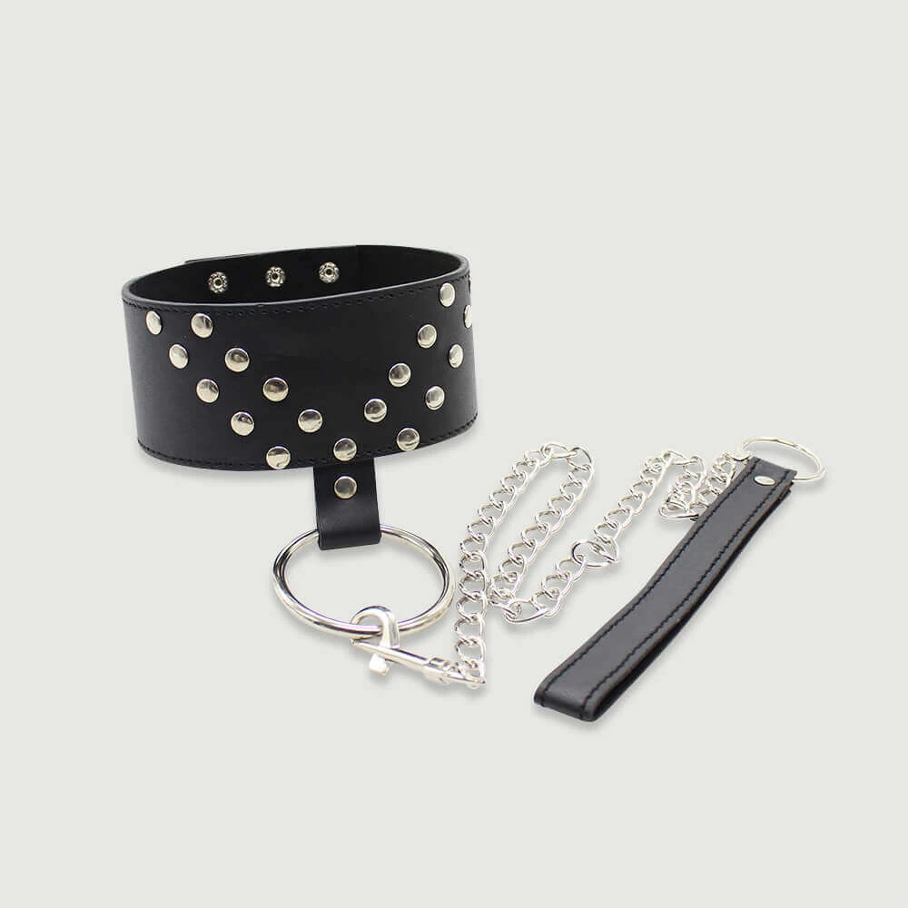 Leren halsband met studs en ketting - zwart