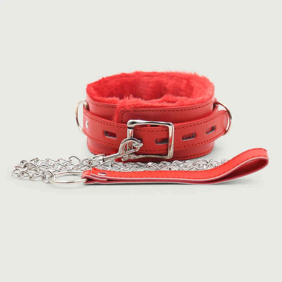 Verstelbare halsband met ketting en bontvoering - Rood