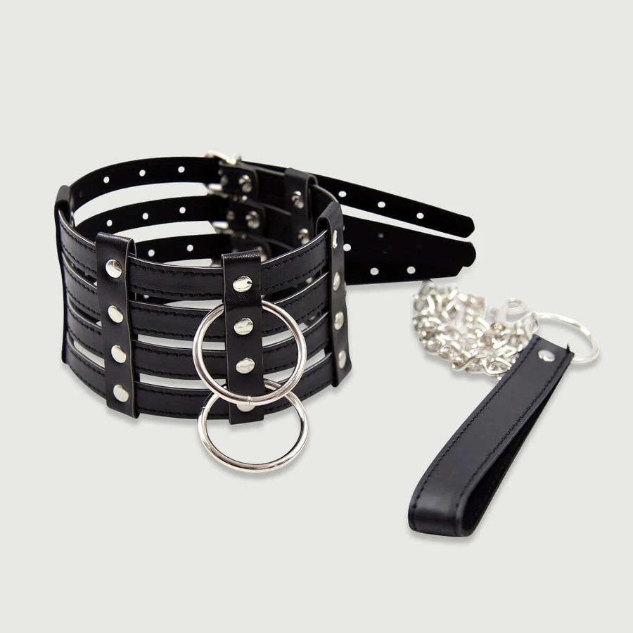 Brede Leren Gestreepte Halsband Met Ketting & Leiband - Zwart