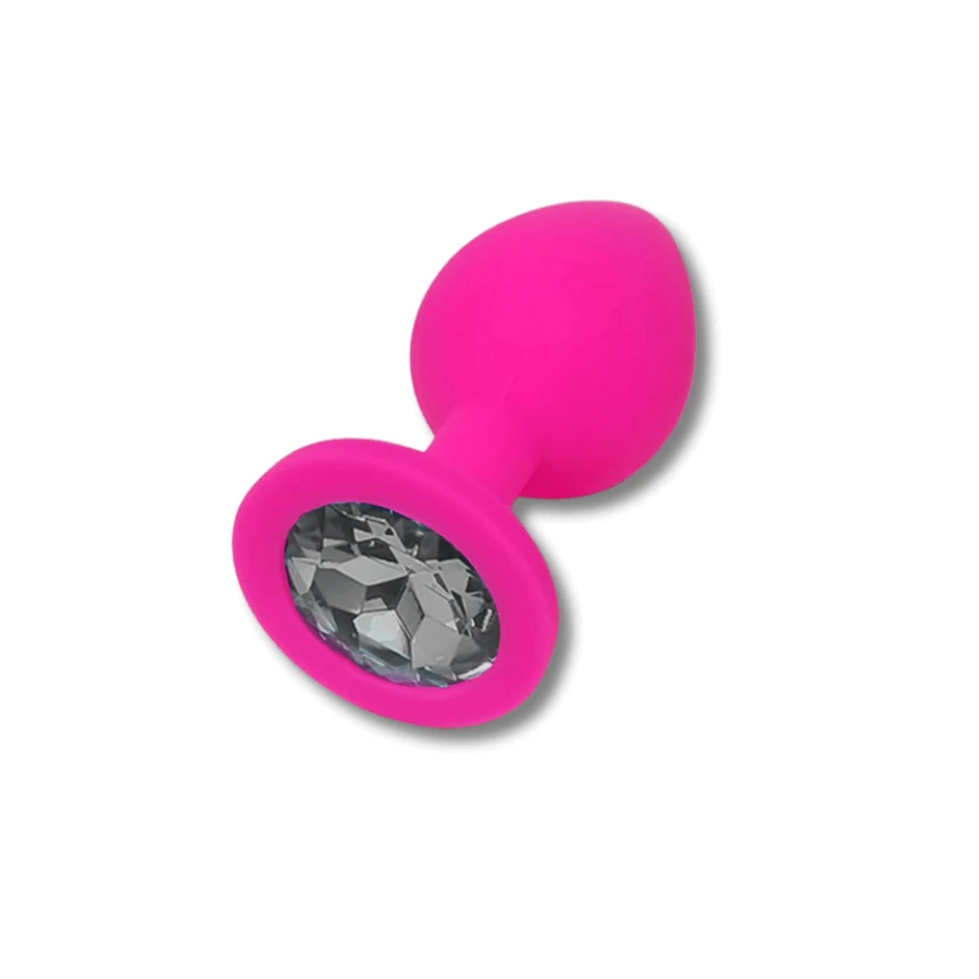 Anal Collection Silicone Medium Butt Plug with Round Jewel - Pink/Black
