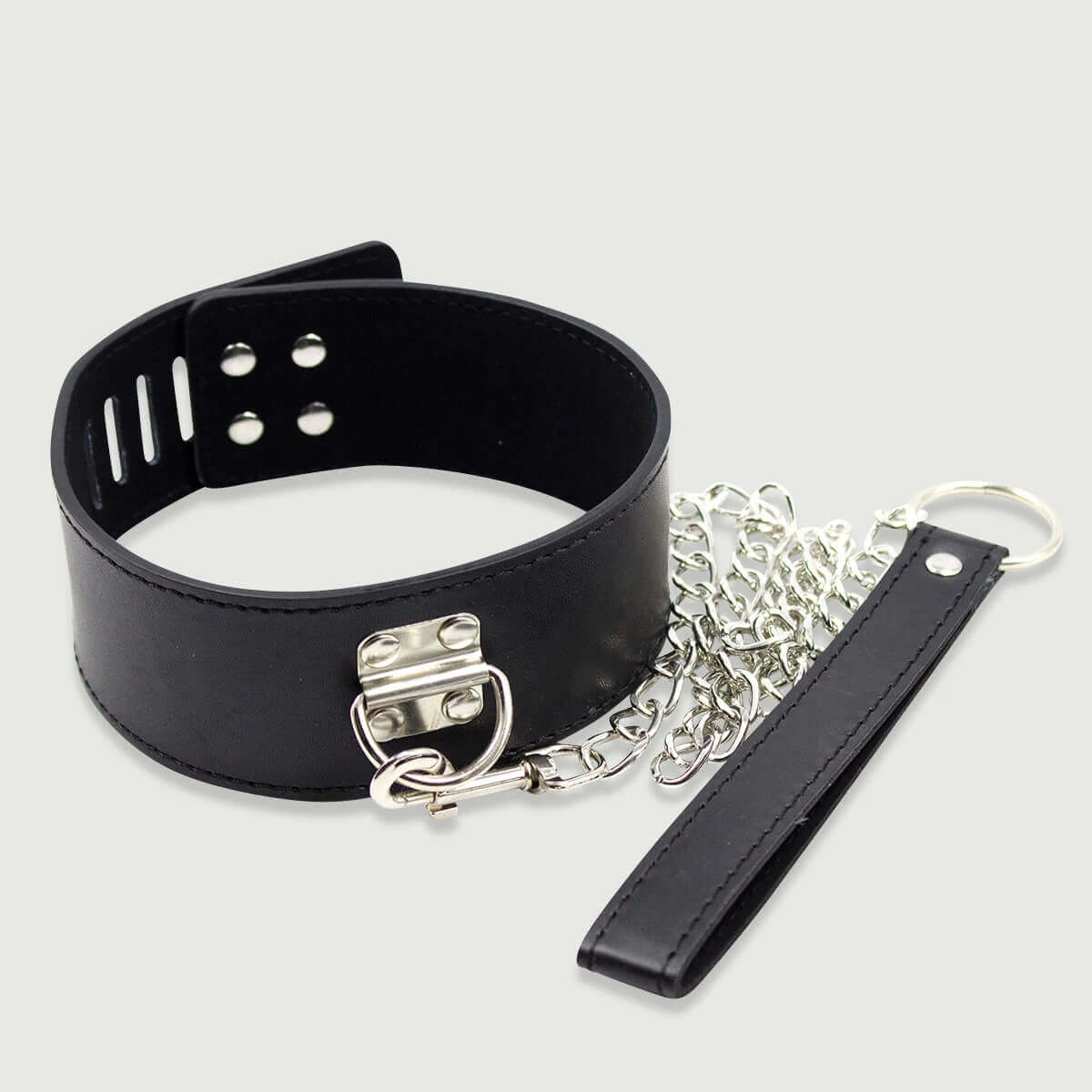 Leren halsband met hangslot, ketting & riem - Zwart