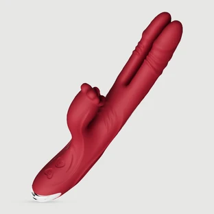 Tweevingerige siliconen rabbit vibrator met stimulator voor de clitoris en tong - Rood