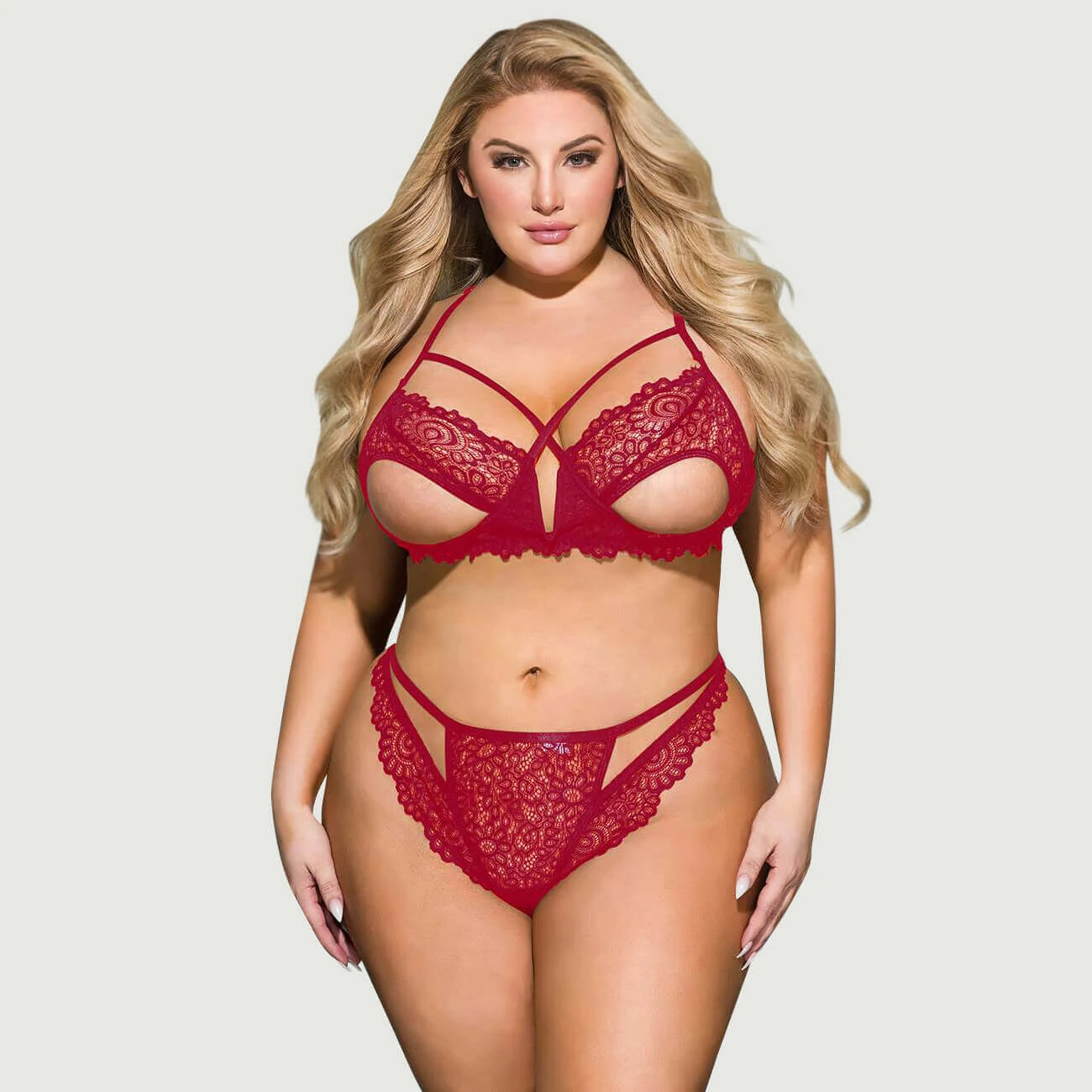 Plus Size Exquisite Lace Appeal Diepe V Mini Verleiding BH Set - Rood - Large/X-Large