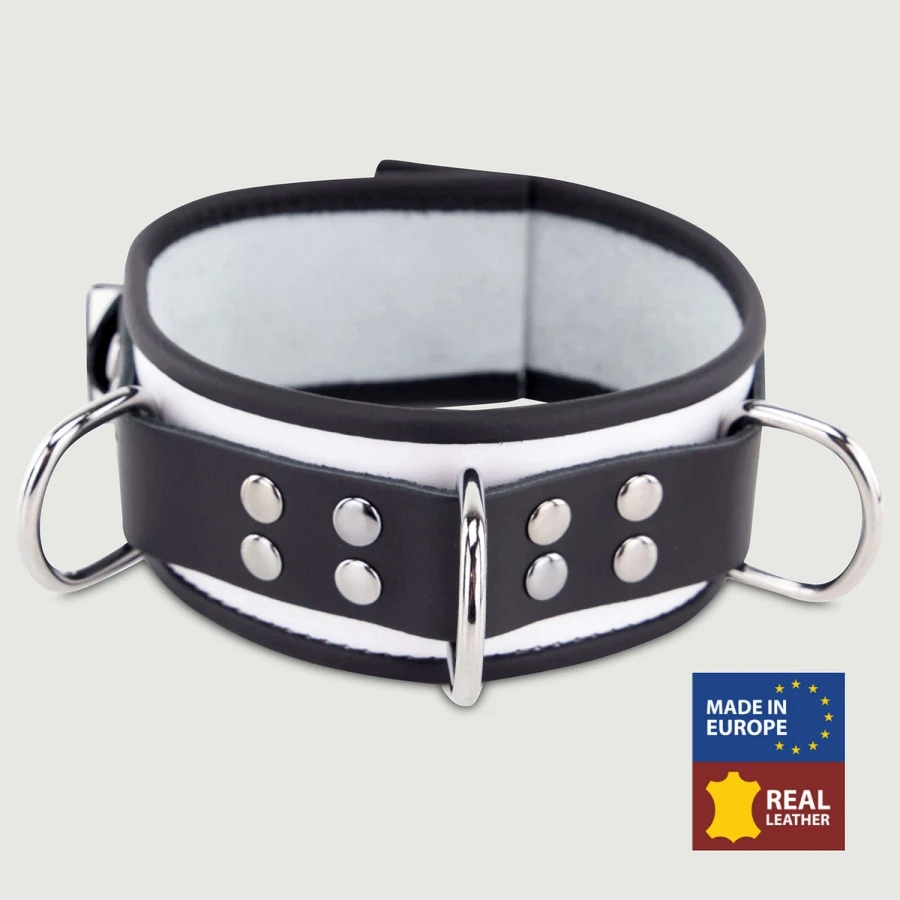 Collier en cuir avec anneaux en D - blanc/noir