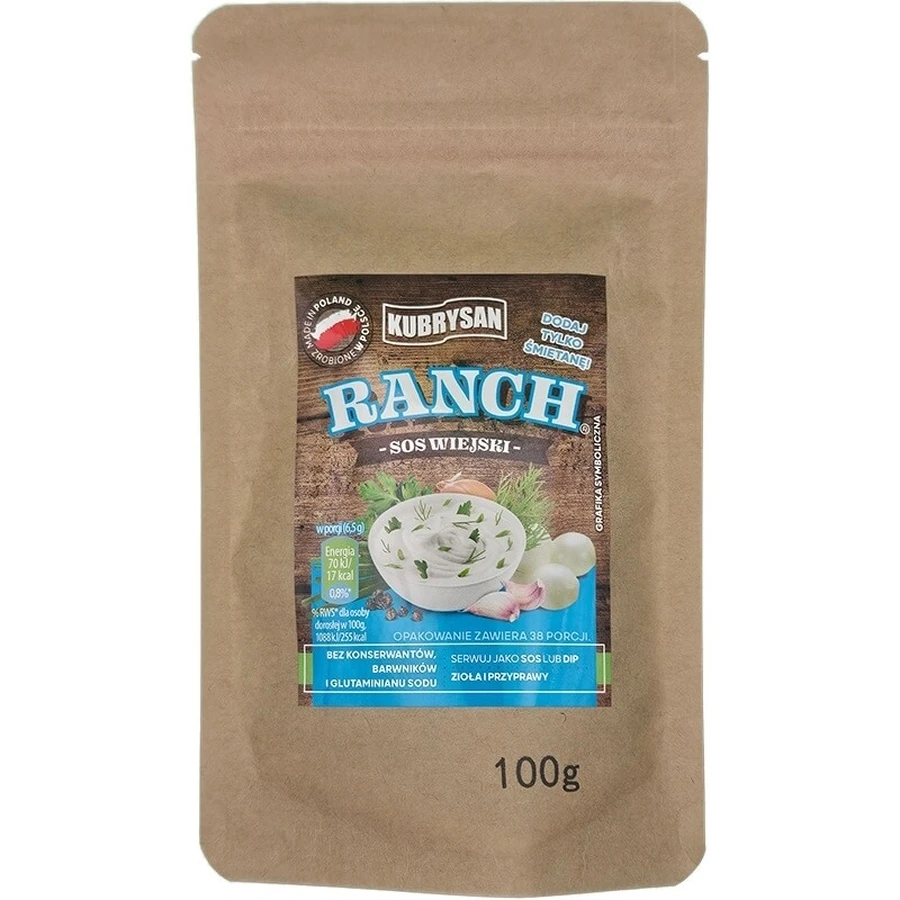 KUBRYSAN Ranch sos wiejski czosnkowy niskosolony 100 g: ceny i cechy