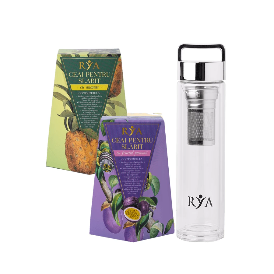 Set aus 2 Schachteln Tee für die Gewichtskontrolle + doppelwandige Flasche mit Teesieb