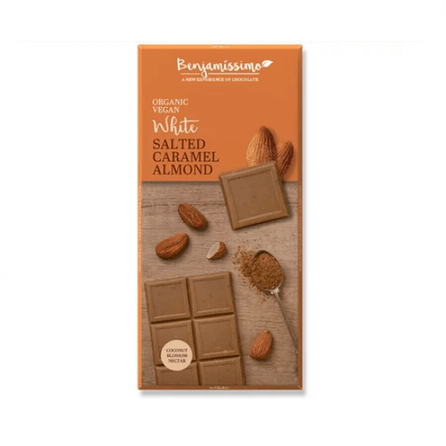 Organic white chocolate with almonds and salted caramel, 70g, Benjamissimo