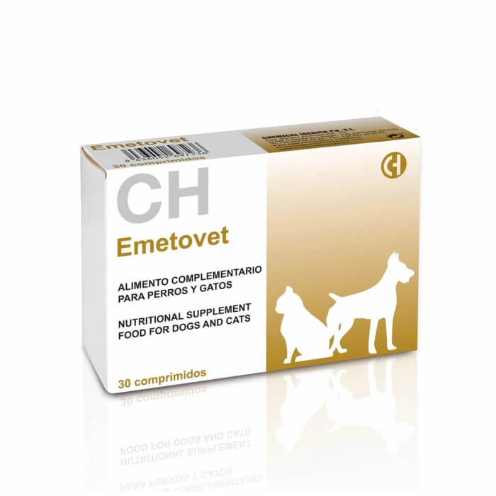 CH EMETOVET is een aanvullend diervoeder voor honden en katten, ontwikkeld als nutritionele ondersteuning bij de bestrijding van misselijkheid en braken 30 compr