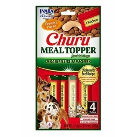 INABA Churu Meal Topper, XS-XL, Kip en Rundvlees, zakje, graanvrije beloningskoker, honden, (puree), 56g