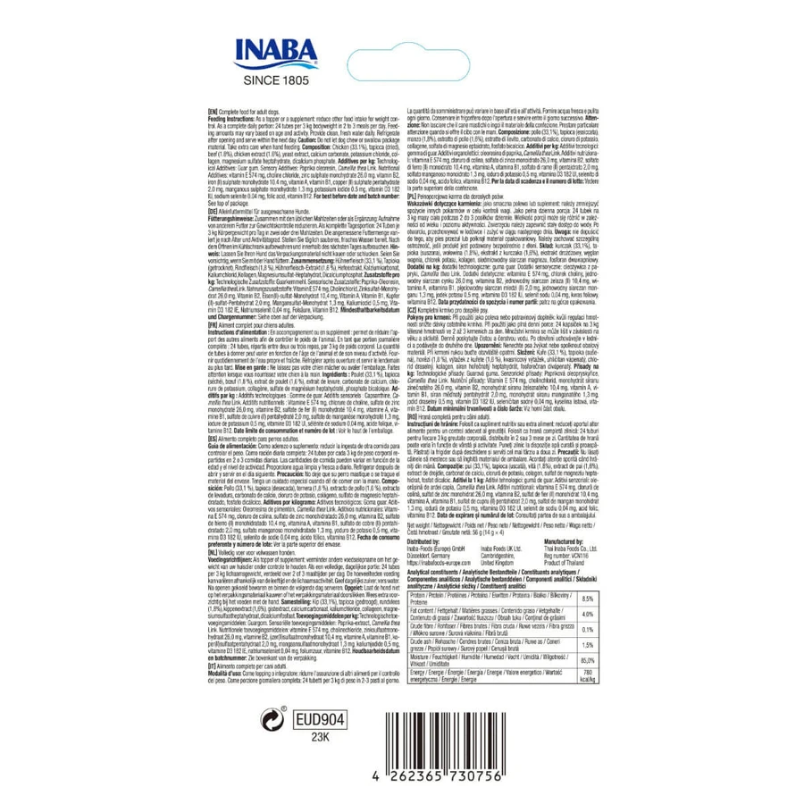 INABA Churu Meal Topper, XS-XL, Kip en Rundvlees, zakje, graanvrije beloningskoker, honden, (puree), 56g