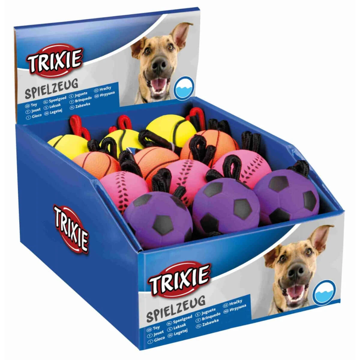 Trixie, drijvend balspeeltje met touwtje voor honden, rubber, 6 x 30cm, veelkleurig